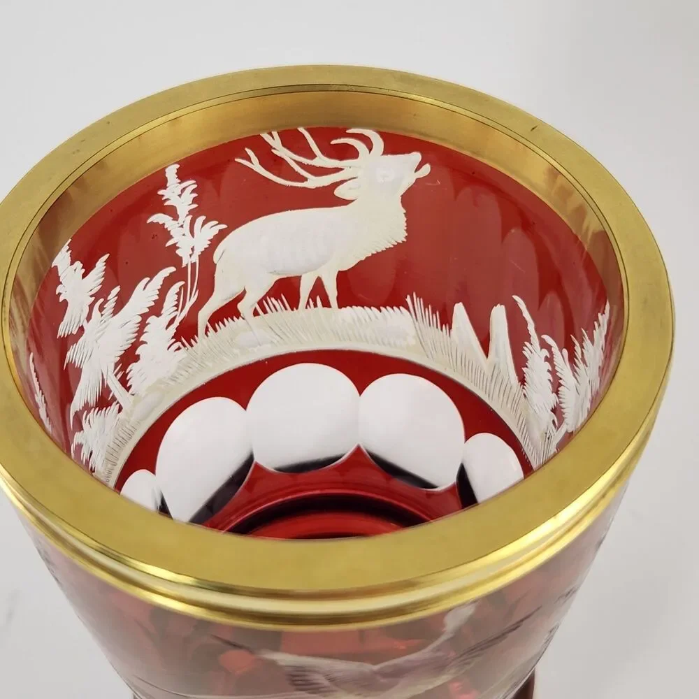 Bohemian Ruby Red Cut to Clear Goblet Glass Stag Deer Elk Hunting Cup Czech Vase